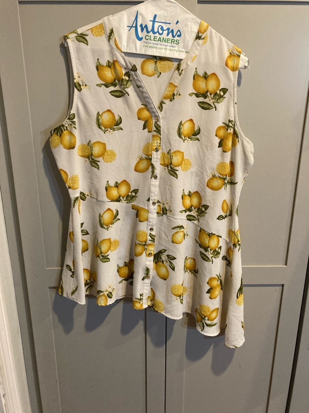 Roz & Ali White Sleeveless Button-Front Blouse with Yellow Lemon Print